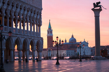 St Marks square and San Giorgio Maggiore church before sunrise, Venice, Veneto, Italy - CUF47891