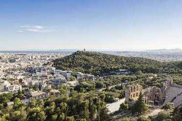 Greece, Athens, view on Odeon, theater of Herodes Atticus, Philopappos Monument, Piraeus in background - MAMF00337