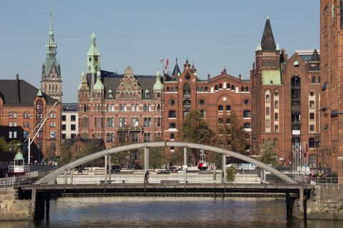 Deutschland, Hamburg, Speicherstadt, Speicherstadt-Rathaus, Busan-Brücke, lizenzfreies Stockfoto