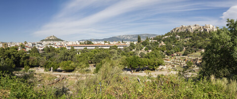 Greece, Athens, panoramic view from Ancient Agora to Stoa of Attalos and Acropolis stock photo