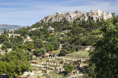 Griechenland, Athen, Blick von der antiken Agora auf die Akropolis, lizenzfreies Stockfoto