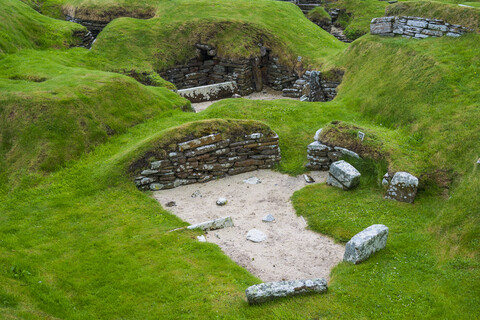 Vereinigtes Königreich, Schottland, Orkney-Inseln, Festland, Unesco-Weltkulturerbe, die steinzeitliche Siedlung von Skara Brae, lizenzfreies Stockfoto