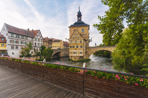 Germany, Bavaria, Bamberg, Old town hall, Obere Bruecke and Regnitz river stock photo