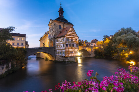 Germany, Bavaria, Bamberg, Old town hall, Obere Bruecke and Regnitz river at dusk stock photo