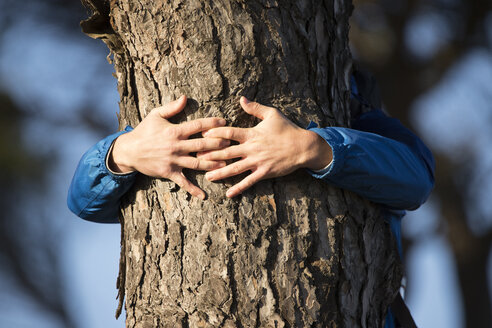 Hände eines Mannes, der einen Baum umarmt - KBF00430