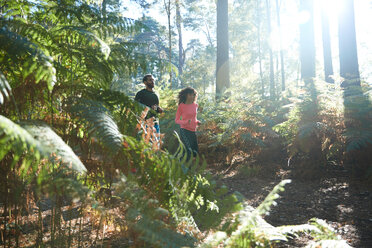 Female and male runners running together through sunlit forest ferns - CUF47990