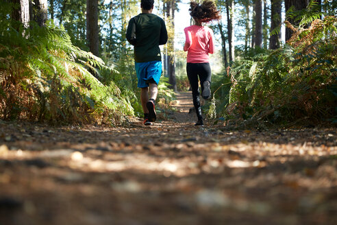 Männliche und weibliche Läufer, die im Wald laufen, Rückansicht - CUF47991