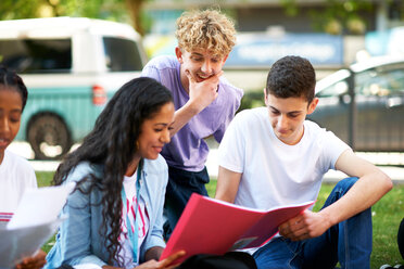 Weibliche und männliche Hochschulstudenten beim Lesen von Papieren auf dem Rasen eines College-Campus - CUF47995