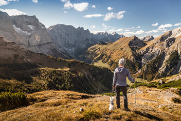 Hiker and pet dog enjoying view, Karwendel region, Hinterriss, Tirol, Austria - CUF48314