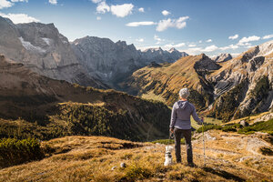 Wanderer und Hund genießen die Aussicht, Karwendelgebiet, Hinterriss, Tirol, Österreich - CUF48314