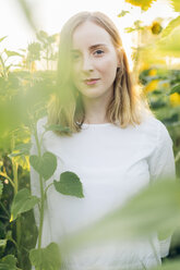 Junge Frau steht auf einem Feld mit Sonnenblumen in Karlskrona, Schweden - FOLF10283