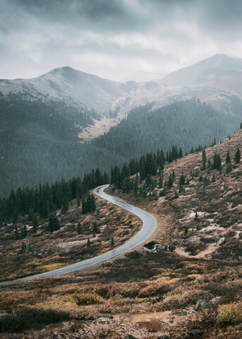 Winding road through forest, Aspen, Colorado, USA stock photo