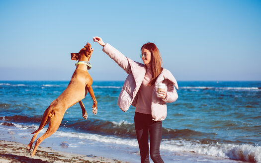 Mittlere erwachsene Frau am Strand beim Spielen mit ihrem Hund, Odessa, Odeska Oblast, Ukraine - ISF20209