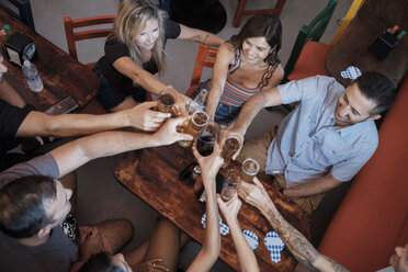 Friends socializing and clinking beer glasses in a bar - ABAF02230