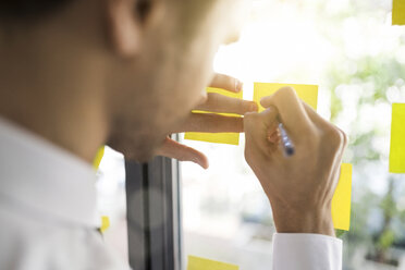 Businessman writing on yellow post-its on window - SBOF01600