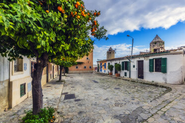 Spanien, Mallorca, Palma, Orangenbaum und Häuser in einer Gasse - THAF02437