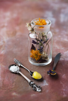 Blossoms of medical plants, medicine flask, marigold salve and globules - MYF02067