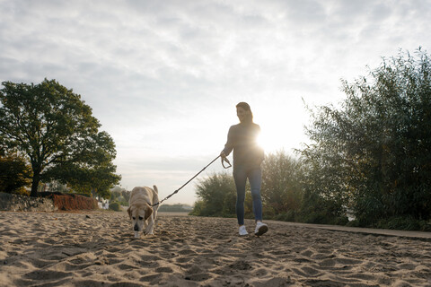 Deutschland, Hamburg, Frau geht mit Hund am Elbstrand spazieren, lizenzfreies Stockfoto