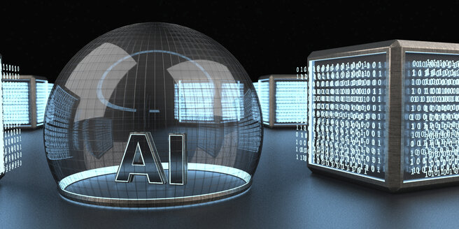 3D rendering, Digital cubic units feeding bubble of AI, artificial intelligence - ALF00739