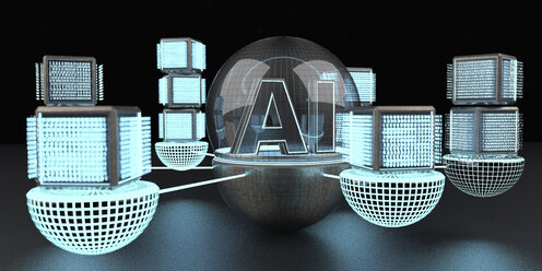 3D rendering, Text AI under a glass dome connencted to a network of digital cubic units - ALF00740