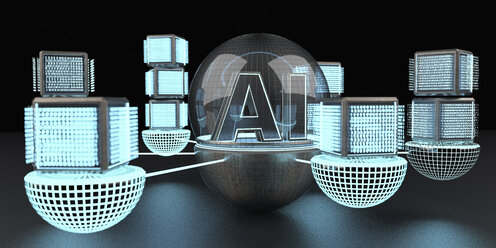 3D-Rendering, Text-KI unter einer Glaskuppel, die an ein Netz digitaler kubischer Einheiten angeschlossen ist - ALF00740
