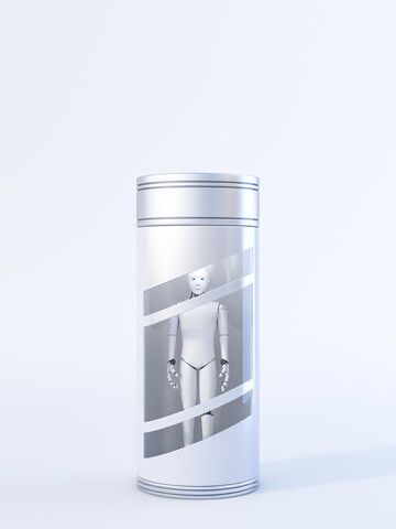 Robot caught in a glass case, 3d rendering stock photo