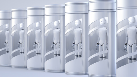 Reihe von Robotern in Glaskästen gefangen, 3d Rendering, lizenzfreies Stockfoto