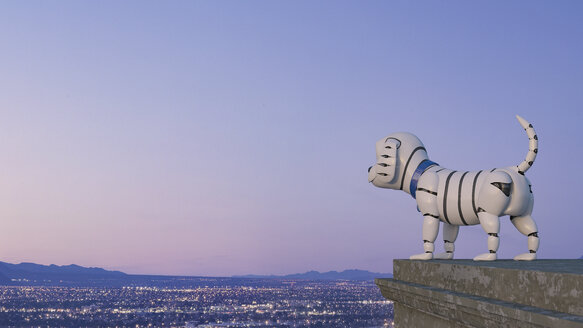 Roboter-Hund schaut auf Skyline bei Nacht, 3D-Rendering - AHUF00554