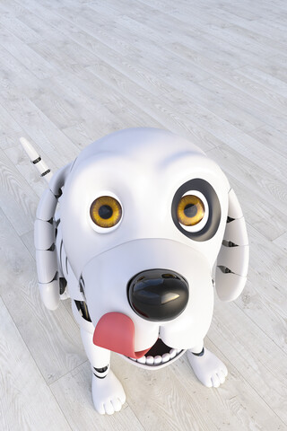 Roboterhund schaut in die Kamera, 3d Rendering, lizenzfreies Stockfoto