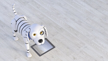 Portrait of robot dog holding tablet in his snout, 3d rendering - AHUF00557