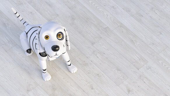 Portrait of robot dog sitting on wooden floor, 3d rendering - AHUF00558