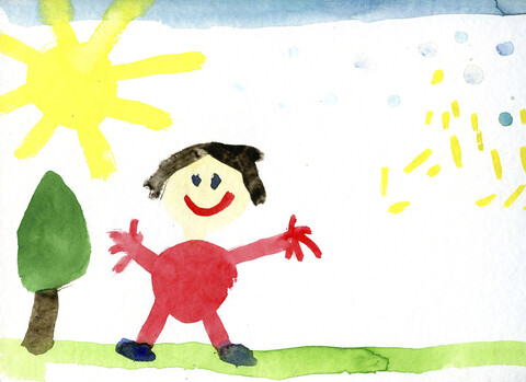 Children's drawing of happy human stock photo