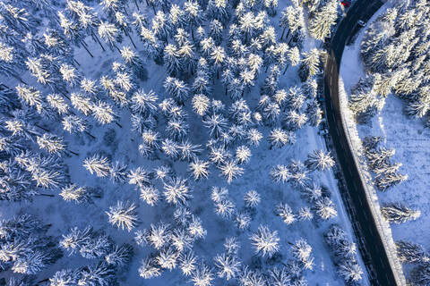 Germany, Hesse, Taunus, Aerial view of road through coniferous forest in winter stock photo