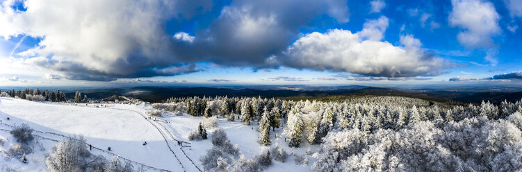 Deutschland, Hessen, Taunus, Luftaufnahme einer Straße durch Nadelwald im Winter - AMF06734