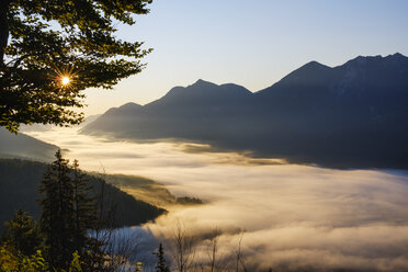 Deutschland, Oberbayern, Werdenfelser Land, Wallgau, Isartal bei Sonnenaufgang, Blick vom Krepelschrofen - SIEF08393