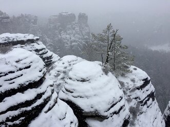 Deutschland, Sachsen, Sächsische Schweiz, Basteigebiet im Winter - JTF01176