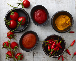 Tomaten, roter Chili, Currypulver, Chili-Ketchup, Kurkuma und Tomatenketchup in Schalen - KSWF02014