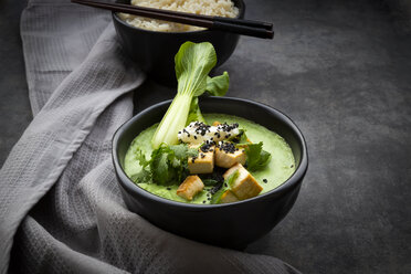 Grünes Thaicurry mit Spinat, Pak Choi, Tofu, saurer Sahne, schwarzem Sesam und Jasminreis - LVF07724