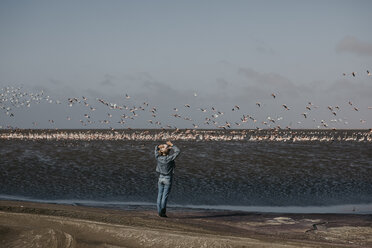 Namibia, Walvis Bay, Namib-Naukluft National Park, woman at the coast looking at colony of flamingos - LHPF00445