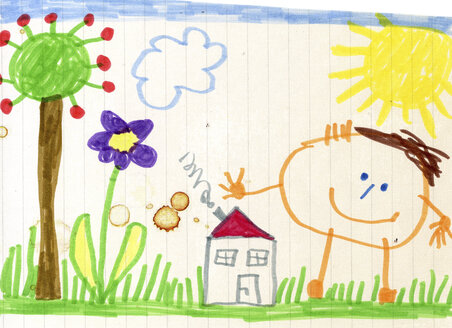 Kinderzeichnung, glückliches Kind, Haus und Garten - CMF00881