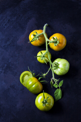 Ganze und geschnittene Tomaten 'Green Zebra' auf dunklem Grund, lizenzfreies Stockfoto