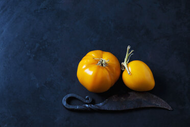 Zwei Tomaten 'Golden Jubilee' und ein Messer auf dunklem Hintergrund - CSF29280