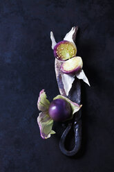 Sliced and whole tomatillos and a knife on dark background - CSF29287