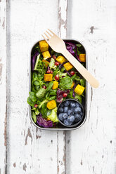 Mixed salad with roasted tofu, red cabbage, pomegranate seeds, blueberries and curcuma in lunch box - LVF07741