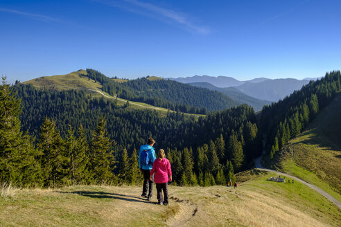 Deutschland, Bayern, Hörnle bei Bad Kohlgrub, junges Paar beim Wandern in alpiner Landschaft - LBF02347