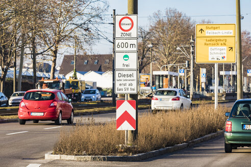 Germany, Fellbach, low-emission zone sign for Stuttgart, driving ban for diesel cars - WDF05072