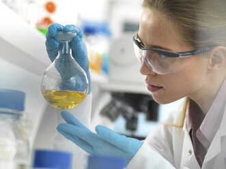 Wissenschaftlerin, die im Labor eine chemische Formel erstellt - ABRF00321