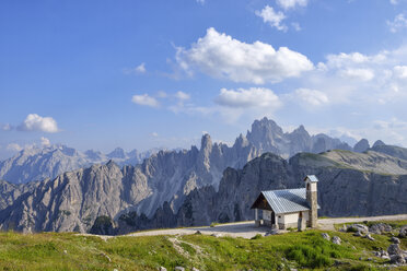 Alpine Chapel with Cadini di Misurina peaks in background Belluno Province, Veneto, Dolomites, Italy - RUEF02114