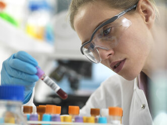 Health Screening, Scientist holding a tube containing a blood sample ready for analysis in the laboratory - ABRF00326
