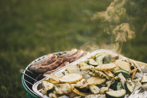 Barbecueing sausages and vegetables on a meadow - JSCF00129